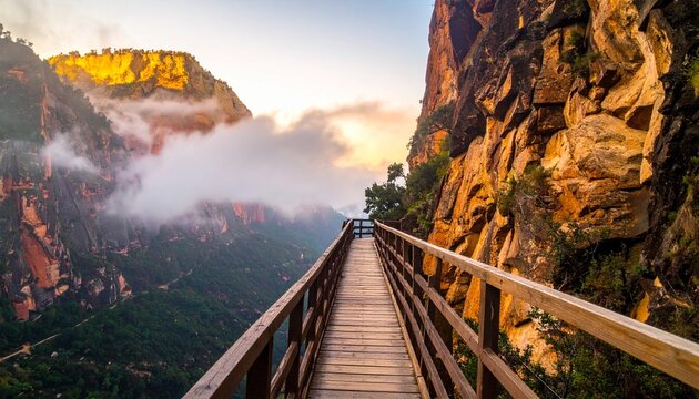 Scenic wooden bridge pathway with mountain view during sunrise, with cloud cover