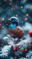 Serene blue night landscape featuring small white pheasant in peaceful Christmas winter setting with subtle holiday lights