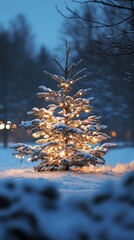 Serene Small White Wolf in Snowy Christmas Landscape Under Blue Night Sky with Gentle Lights