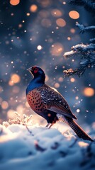 Serene small pheasant perched in snowy white Christmas landscape under blue night sky