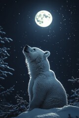 Serene white bear standing in snowy blue night Christmas landscape with soft lights and peaceful atmosphere