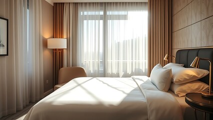Elegant hotel bedroom with neatly made bed, morning sunlight streaming through sheer curtains.