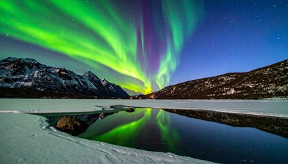 Northern Lights dance vividly across a star-filled sky, reflecting in a serene frozen lake below snow-capped mountains