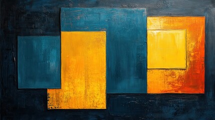 Abstract art, overlapping squares, vibrant colors, textured surface, wall decor
