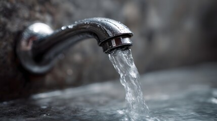 Close up of fresh water flowing from a chrome faucet showing a clear liquid stream in focus