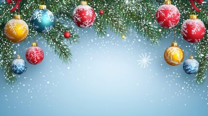 Vertical banner with evergreen branches and vibrant spherical ornaments against pale blue backdrop for winter festivities