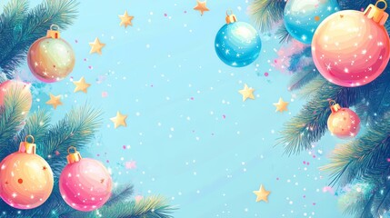 Vertical Christmas Background with Colorful Baubles Pine Branches and Star Shaped Confetti on Light Blue Backdrop