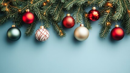 Vertical Christmas Background with Evergreen Fir Branches and Colorful Hanging Ornaments on Pale Blue Backdrop