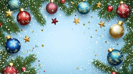 Vertical Christmas Background with Colorful Baubles Pine Branches and Star Shaped Confetti on Light Blue