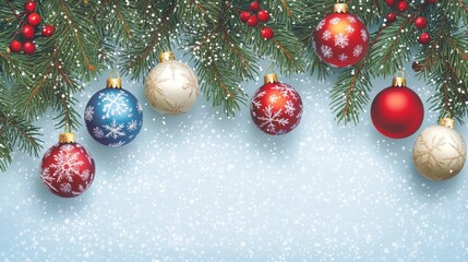 Vertical Christmas Background Featuring Fir Branches and Colorful Baubles on Light Blue Backdrop with Merry Xmas Greeting