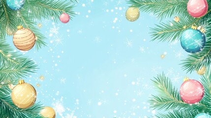 Vertical Christmas Background with Fir Branches and Colorful Baubles on Light Blue Backdrop Featuring Merry Xmas Greeting