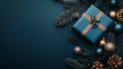 Vertical Christmas Banner Featuring Glitter Blue Paper Gift Box with Gold and Blue Ornaments Fir Branches