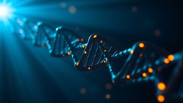 Dark DNA strands glowing under artificial light, revealing intricate hidden patterns.
