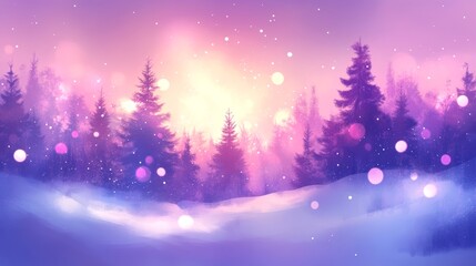 Winter Christmas Landscape Featuring Snow Covered Scenery and Magical Blurry Bokeh Lights