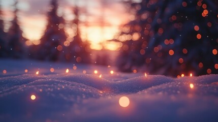 Winter Christmas Landscape with Snow Covered Ground and Magical Blurry Bokeh Lights in the Scene