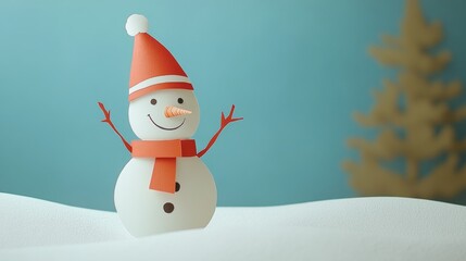 Winter Christmas Snowman Made from Paper with Festive Snowflakes and Holiday Ornaments