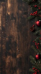 Wooden Christmas background featuring pine branches and red holiday ornaments arranged on the right side in top view flat lay composition with dark brown tones
