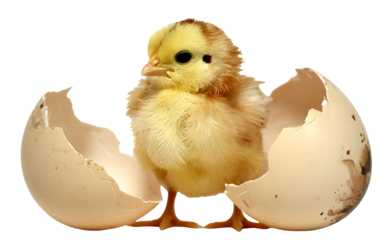 A fluffy yellow chick emerging from a cracked egg, isolated on transparent background, symbolizing new beginnings, birth, and the arrival of spring in a charming and adorable scene