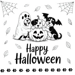 Happy Halloween Day Black and White Cartoon Cat and Ghost Vector Illustration