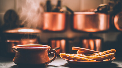 churros. A clay cup of hot chocolate with churros, capturing the warmth of Spanish National Day. menu design, packaging mockups, designed for culinary blogs and recipe cards for restaurants.