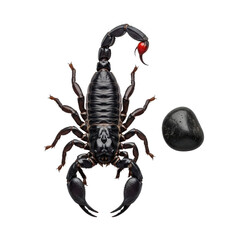 A large black Emperor Scorpion, detailed chitinous body, raised red-tipped stinger, with a black river stone on a seamless transparent studio background, no shadows, scientific product photography