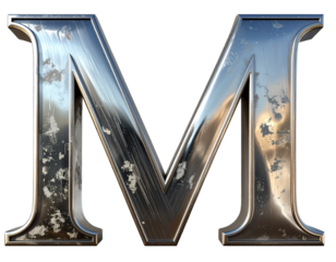 Set of Stock photo of a metallic letter M with a brushed steel texture on transparent