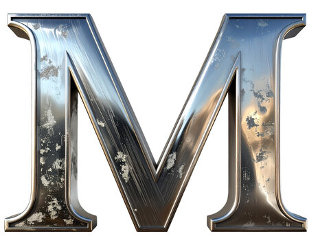 Set of Stock photo of a metallic letter M with a brushed steel texture on transparent  