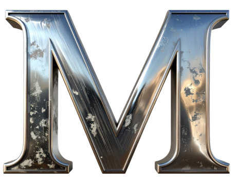 Set of Stock photo of a metallic letter M with a brushed steel texture on transparent  