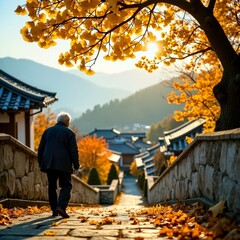 Pedestrians strolling in autumn alleys