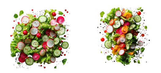 Two vibrant mixed salads with fresh vegetables, herbs, and seasonings isolated on transparent background a healthy and colorful culinary creation
