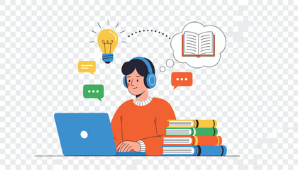 Vector art of young student with headphones learning online on a laptop with books and a lightbulb symbolizing ideas, surrounded by chat bubbles and a thought bubble with an open book 