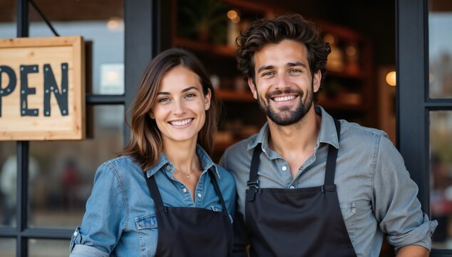 A smiling man and woman in aprons stand proudly in the doorway of their open business establishment.