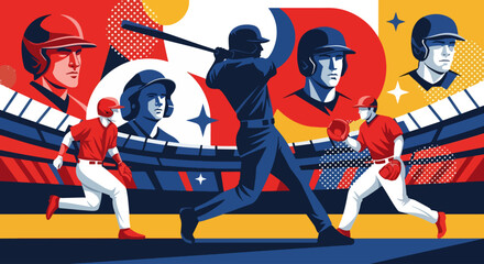 Mural style illustration of baseball players in action, highlighting the intensity of batting and fielding with bold geometric shapes, vivid colors, and dynamic energy on the field