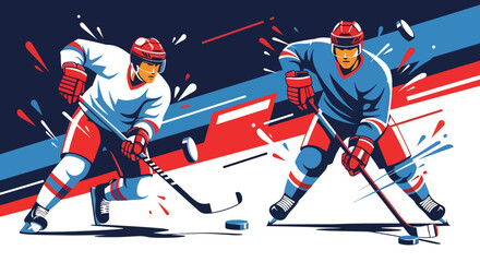 Obraz premium Mural style illustration of ice hockey players in action, showcasing speed, power, and teamwork on the rink with bold geometric shapes and vibrant colors