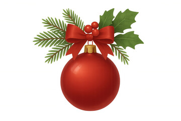 Red christmas ornament with ribbon, holly, and pine branches symbolizing festive winter holidays and celebration