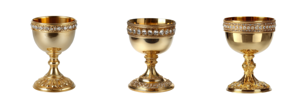 Ornate golden goblet with diamonds, elegant antique chalice, luxurious treasure, royal drinkware, ceremonial cup PNG set Transparent background