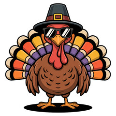  Funny cartoon pilgrim turkey wearing sunglasses, cool Thanksgiving holiday bird character