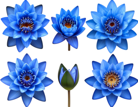 Set of Top-down view of a blooming Blue Water Lily (Nymphaea nouchali), petals arrang  