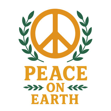 Textured peace sign and olive branches with 'Peace on Earth' text. Global harmony concept.