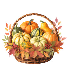  Basket filled with pumpkins and autumn gourds, festive Thanksgiving harvest fruit illustration