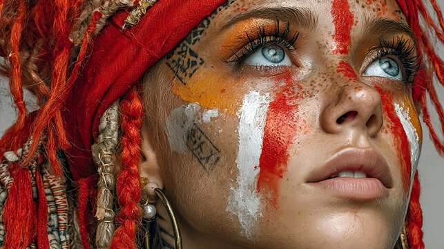 Woman with red dreadlocks and painted face looking up