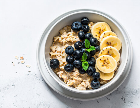 Bol de avena con pl&aacute;tano y ar&aacute;ndanos en plato blanco minimalista, desayuno saludable y natural para alimentaci&oacute;n equilibrada marketing gastron&oacute;mico, branding de vida y alimentaci&oacute;n sana