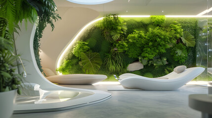 futuristic interior design merging nature and technology, living green walls with LED lights, smart furniture, organic shapes, cinematic 16:9