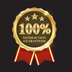 Premium quality gold medal badge with ribbon, 100% satisfaction guaranteed sign, luxury award seal and guarantee label vector illustration