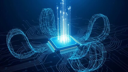 Futuristic glowing blue central processing unit with abstract digital circuit lines and energy 4K Ai HD video.	
 - Powered by Adobe