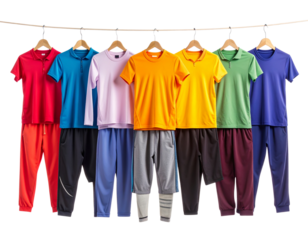 Set of Sportswear in vivid hues (jerseys, running shorts, yoga pants) clipped in sequ 