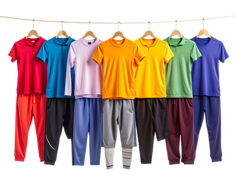 Set of Sportswear in vivid hues (jerseys, running shorts, yoga pants) clipped in sequ 