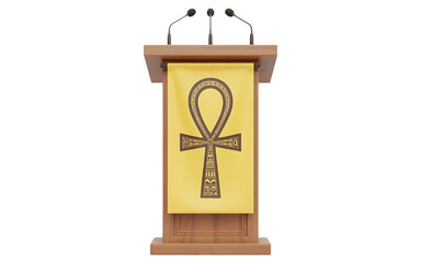 a wooden podium Isolated on transparent background, with three microphones stands ready, adorned with a golden banner featuring the ancient egyptian ankh symbol, representing life and immortality