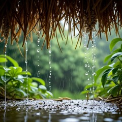 The scenery of puddles under the thatched cottage