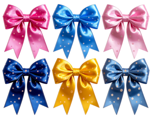 Set of Realistic photo of a glossy gift bow with polka dots in pink, blue, and yellow  